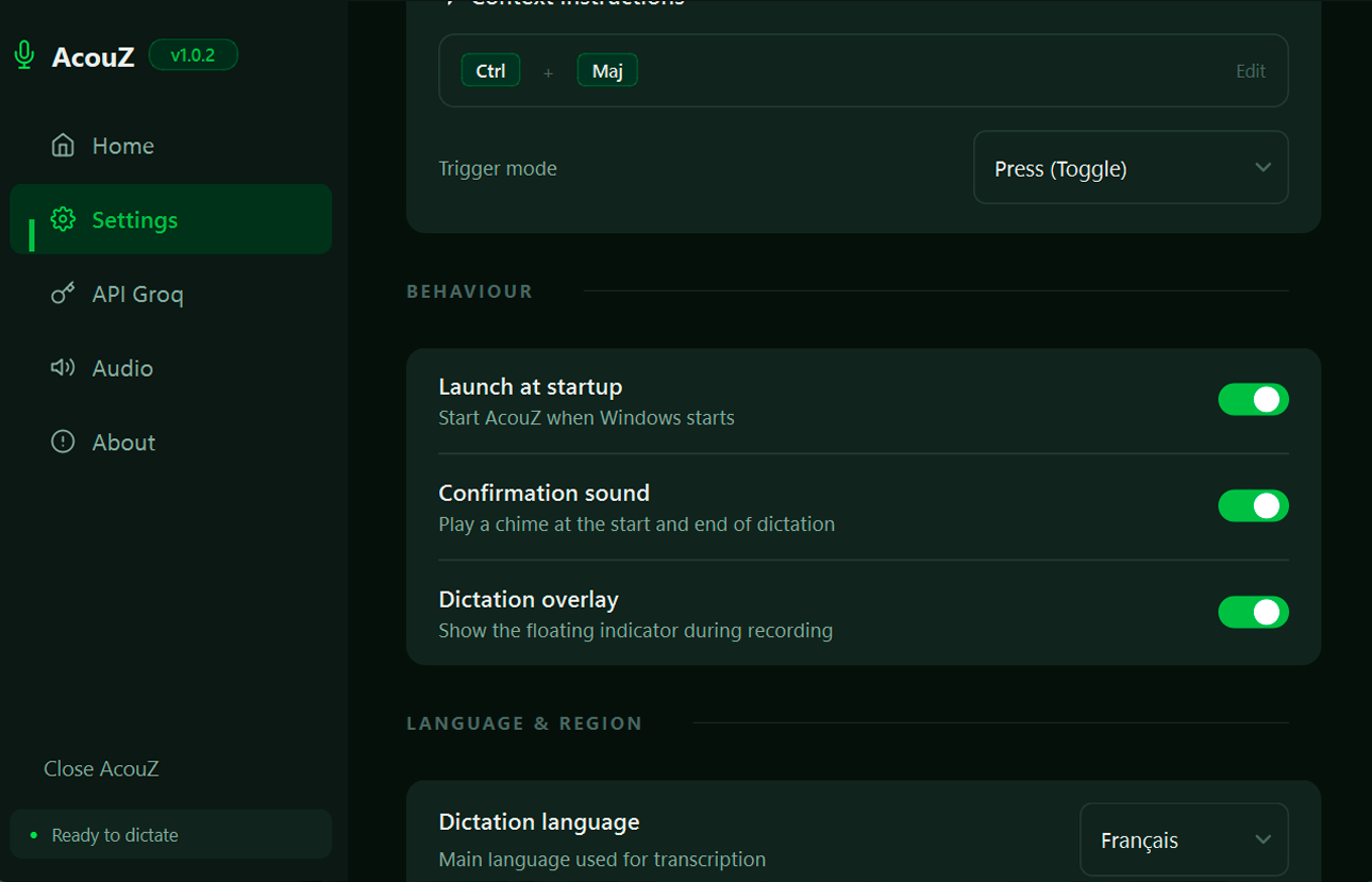 AcouZ settings
