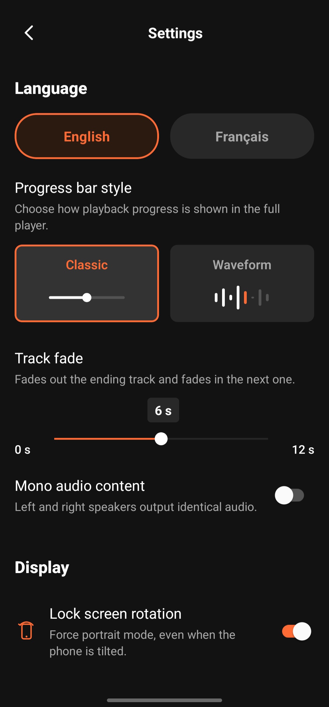 Settings screen